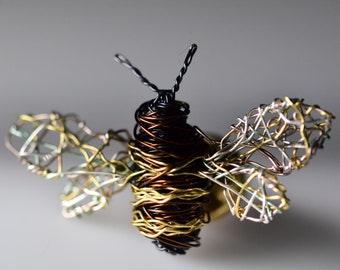 Small bee brooch gold color, Bug pin insect art wire sculpture bee jewelry unusual, Modern unique gift for her birthday