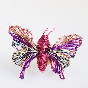 May include: A colorful wire butterfly sculpture with pink, purple, gold, and silver wire. The butterfly's wings are spread wide and the body is curled up.