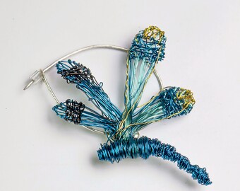 Blue dragonfly brooch modern, Wire dragonfly gifts, Sculpture jewelry Insect art brooch, Contemporary art jewelry