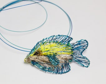 Light blue fish necklace Fish jewelry Wire art jewelry Sea necklaces Sea jewelry Modern statement necklace Contemporary Unique necklace gift