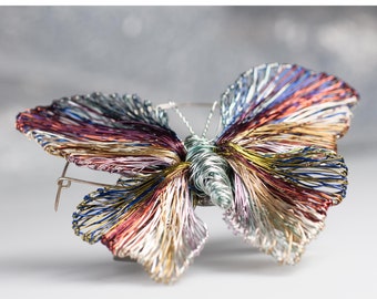 Wearable art butterfly brooch, Wire bug sculpture jewelry, Aqua blue burgundy statement Insect pin