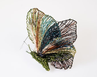 Olive green butterfly art brooch, Unusual wire sculpture artist bug jewelry, Statement insect pin