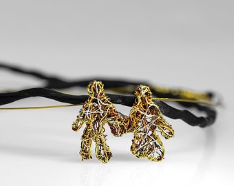 Wire figure necklace, Art sculpture couple necklace, Modern Gold burgundy people necklace