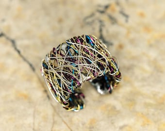 Colorful ring, wire art, rainbow band, trendy ring