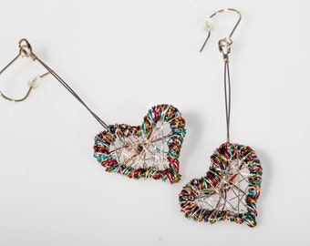 Heart sculpture art earrings unique, Wire heart earrings artsy, Love gifts for her