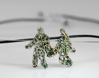 Wire sculpture art couple necklace, Silver green people necklace, Contemporary figure pendant