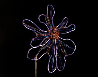 Wire flower sculpture handmade art, New home housewarming decor gift, Purple daisy artist design gift