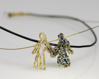 Cute couple necklace art jewelry, Wire sculpture gold blue figure necklace, Contemporary unique people necklace