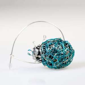 Solid Silver Ladybug Brooch · Turquoise Green Wire Form · Sculptural Pin