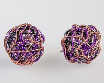 Wire ball earrings Ball drop earrings Purple earrings Sphere earrings Modern minimal Art jewelry Silver Hooks Cute earrings geometric dangly
