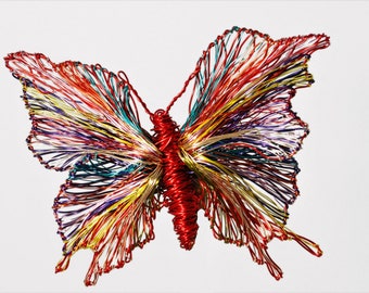 Butterfly art jewelry, Red butterfly brooch, Wire sculpture jewelry colorful, Large insect brooch
