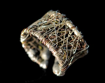 Silver band ring, Art ring, Solid silver ring, Sculptural ring, Adjustable wide band ring, Wire ring, Unique ring for her Modern art jewelry