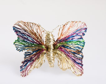 Gold butterfly brooch Rainbow butterfly pin Dress brooch Wire sculpture art pins Modern luxury jewelry Insect jewelry Unique gifts for women