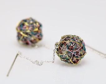 Ball chain earrings colorful, Long chain threader earrings Sculpture art jewelry, Wire sphere ball drop earrings