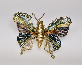 Gold butterfly brooch, Cute insect pin, Wire sculpture art jewelry, Green blue bug brooch, Unique birthday gift for women, Boho chic