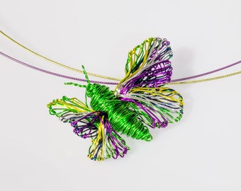 Lime green butterfly necklace art, Wire bug necklace cute, Tiny sculpture jewelry, Spring gifts for her