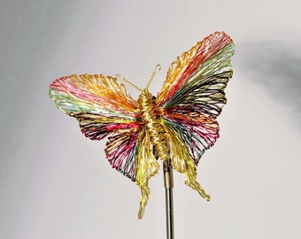 Gold butterfly brooch, Insect brooch, Large brooch, Unusual jewelry, Colorful bug brooch, Handmade wire art sculpture jewelry modern