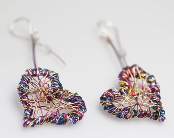 Purple heart earrings art, Gold heart dangle earrings long Wire sculpture contemporary jewelry Love earrings colorful Unusual valentine gift