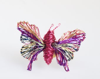 Art Butterfly brooch pink, Sculpture wire insect jewelry, Cute bug pin artist gift for women