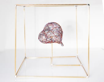 Heart wire art sculpture in a cube, Contemporary colorful art home decor, Unique anniversary gift
