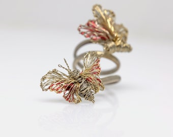 14k gold butterfly ring, Wire Sculpture ring art, Double butterfly ring statement, Chunky silver ring bug