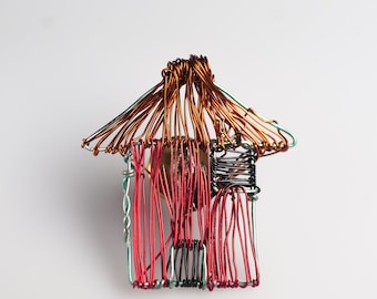 Tiny house brooch unique, Cute art brooch red, Wire house sculpture jewelry, Teenage girl gifts