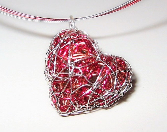 Featured listing image: Red heart necklace, Wire heart necklace, Unique heart pendant, Handmade sculpture art necklace