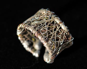 Silver band ring, Handmade wire sculpture art ring wide band, Unique rings for her, Contemporary jewelry