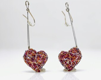 Wire art sculpture Red heart earrings dangle, Artist made jewelry, Colorful silver handmade earrings love gift for her