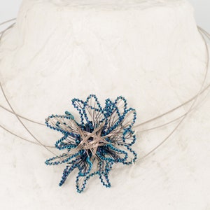 Blue flower necklace Wire flower Art necklace Unusual Flower pendant Silver turquoise Handmade wire wrapped pendant Sculpture flower jewelry image 4
