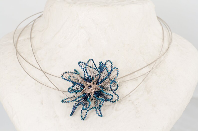 Blue flower necklace Wire flower Art necklace Unusual Flower pendant Silver turquoise Handmade wire wrapped pendant Sculpture flower jewelry image 4