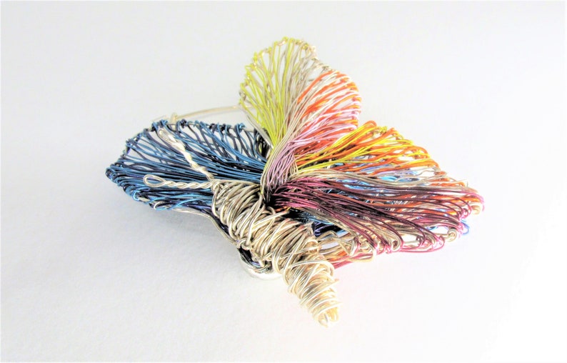 modern hippie jewelry large brooch mothers gift Summer Rainbow butterfly brooch statement blue silver insect wire sculpture art