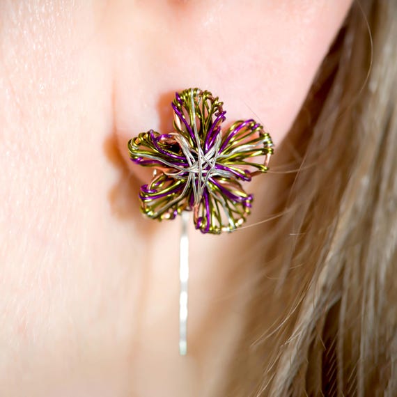 Green Purple Flower Studs, Mini Sculpture Copper Wire Art Botanical Earrings