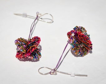 Colorful dangle disc earrings, Hippie Contemporary art wire sculpture unusual earrings