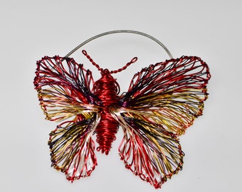 Gold Red butterfly brooch, Wire art sculpture bug pin, Contemporary insect jewelry