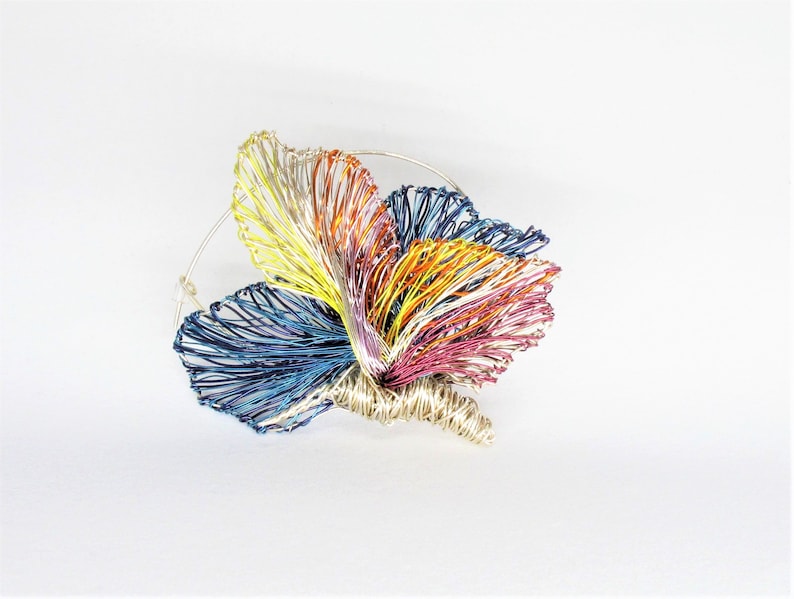 modern hippie jewelry large brooch mothers gift Summer Rainbow butterfly brooch statement blue silver insect wire sculpture art