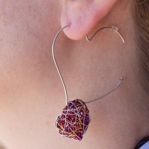 Red Heart earrings Mismatched Heart hoop earrings Heart jewelry Long Statement earrings Contemporary Wire sculpture art Unique gift for her image 6