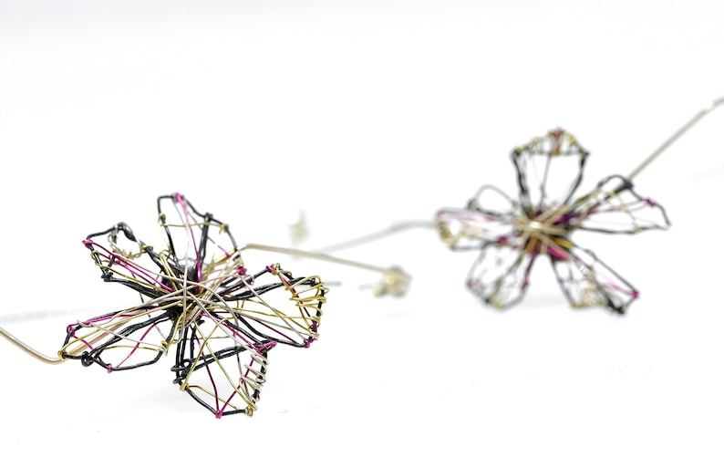 wire art Black flower earrings statement hoops