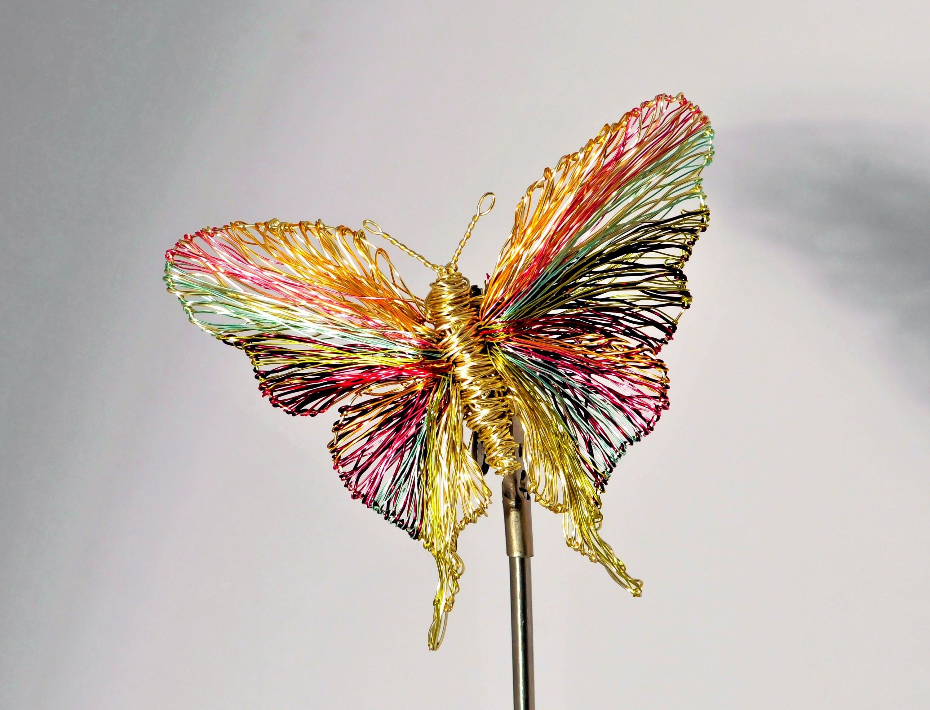 Gold butterfly brooch, Insect brooch, Large brooch, Unusual jewelry, Colorful bug brooch, Handmade wire art sculpture jewelry modern