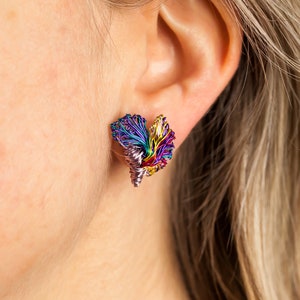 Purple Butterfly earrings, Wire butterfly sculpture art earrings mismatch, Stud drop earrings, Insect earrings colorful, Modern hippie image 3