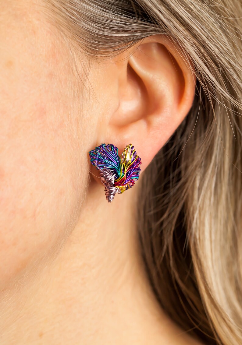 Purple Butterfly earrings, Wire butterfly sculpture art earrings mismatch, Stud drop earrings, Insect earrings colorful, Modern hippie image 3