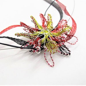 Blue flower necklace Wire flower Art necklace Unusual Flower pendant Silver turquoise Handmade wire wrapped pendant Sculpture flower jewelry Red - black - green