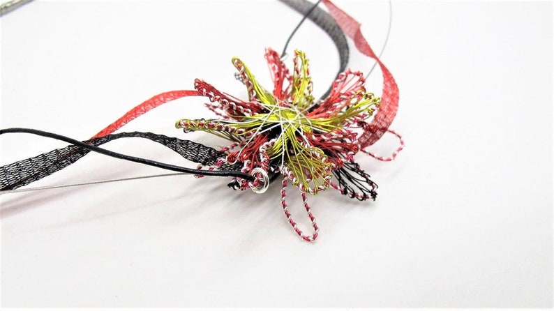 Blue flower necklace Wire flower Art necklace Unusual Flower pendant Silver turquoise Handmade wire wrapped pendant Sculpture flower jewelry Red - black - green