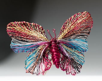 Fuchsia turquoise butterfly sculpture art pin, Statement Wire butterfly brooch, Insect bug modern jewelry