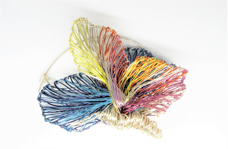 modern hippie jewelry large brooch mothers gift Summer Rainbow butterfly brooch statement blue silver insect wire sculpture art