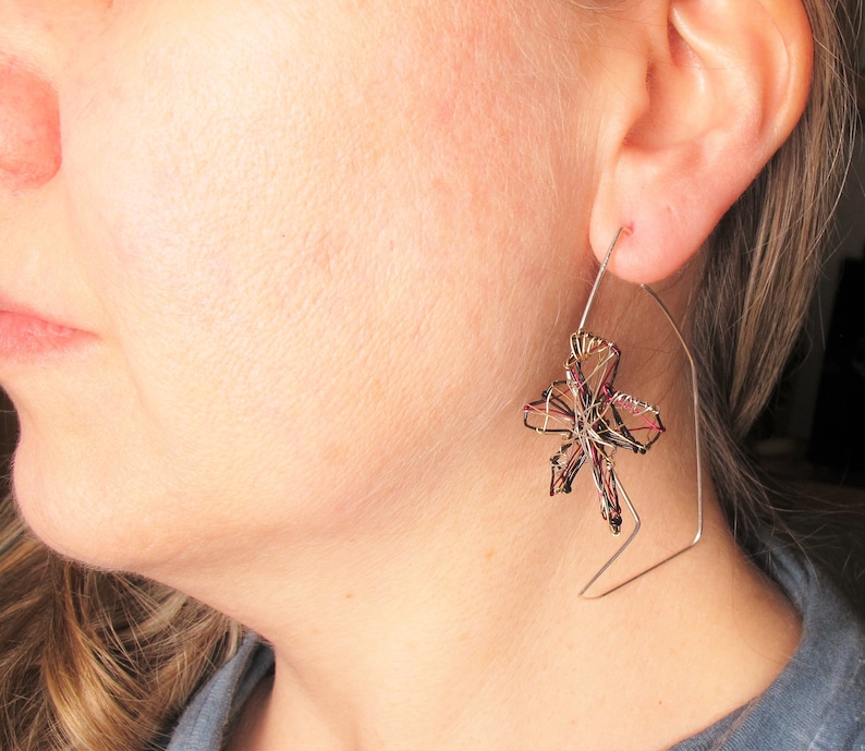 wire art Black flower earrings statement hoops