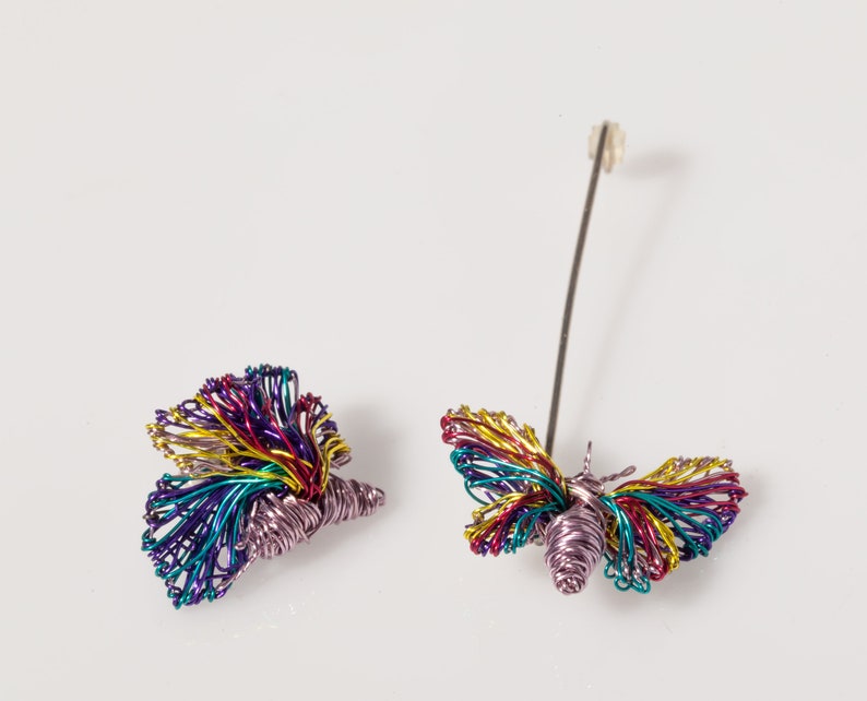 Purple Butterfly earrings, Wire butterfly sculpture art earrings mismatch, Stud drop earrings, Insect earrings colorful, Modern hippie image 6