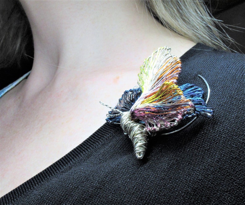 modern hippie jewelry large brooch mothers gift Summer Rainbow butterfly brooch statement blue silver insect wire sculpture art