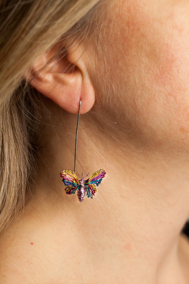 Purple Butterfly earrings, Wire butterfly sculpture art earrings mismatch, Stud drop earrings, Insect earrings colorful, Modern hippie image 5