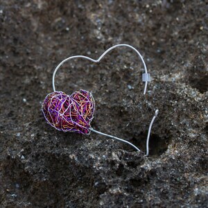 Red Heart earrings Mismatched Heart hoop earrings Heart jewelry Long Statement earrings Contemporary Wire sculpture art Unique gift for her image 8